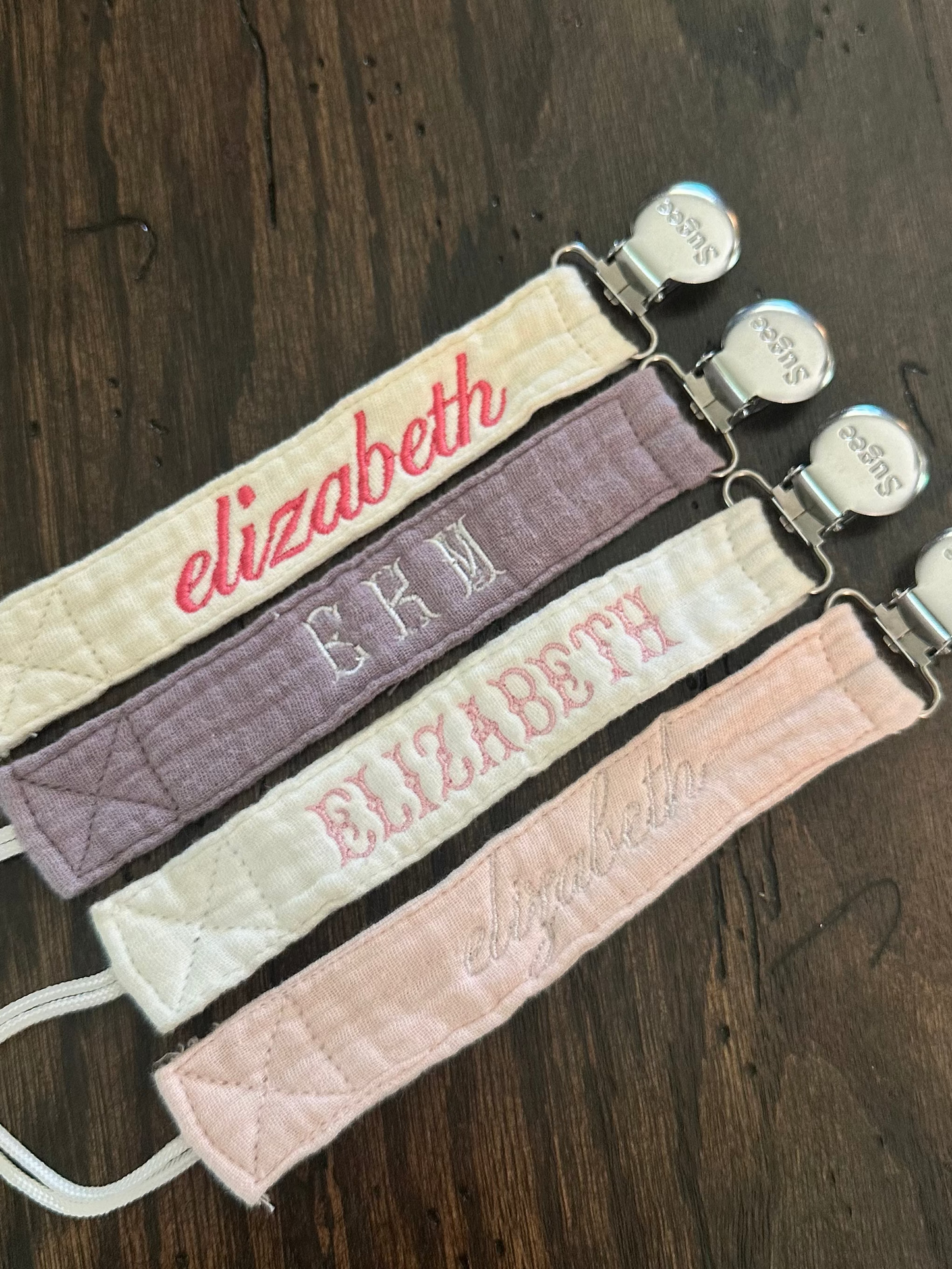 Custom Embroidered Pink Paci Clip Set