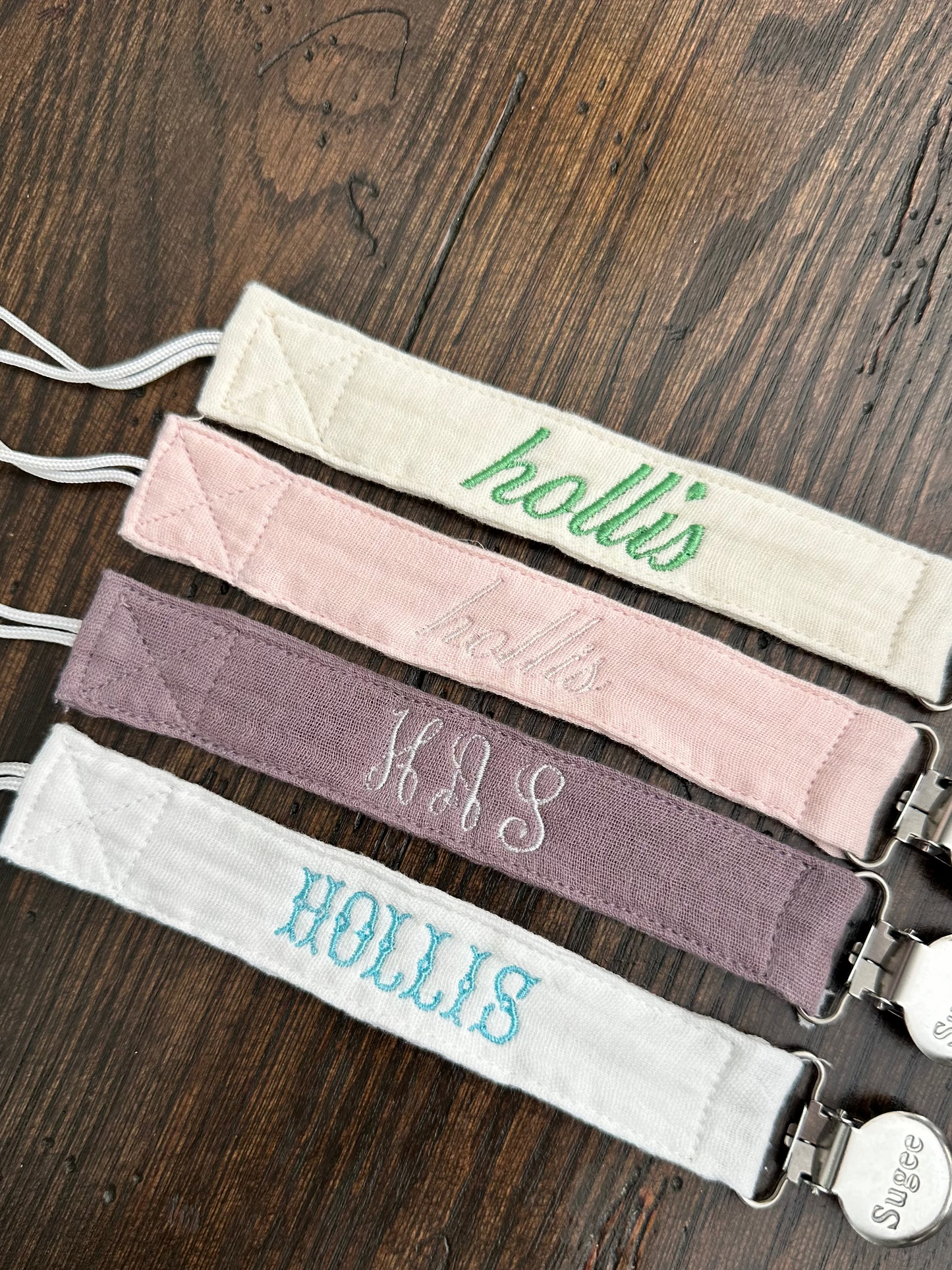 Custom Embroidered Pink Paci Clip Set