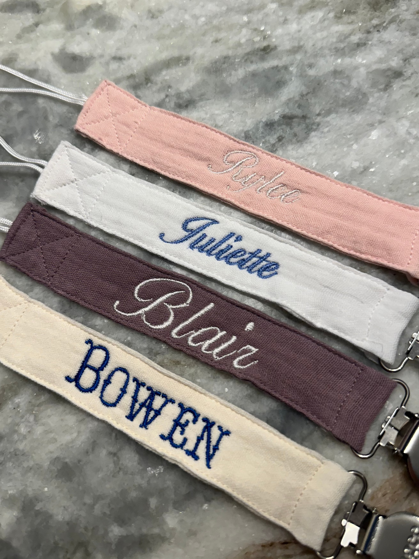 Custom Embroidered Pink Paci Clip Set