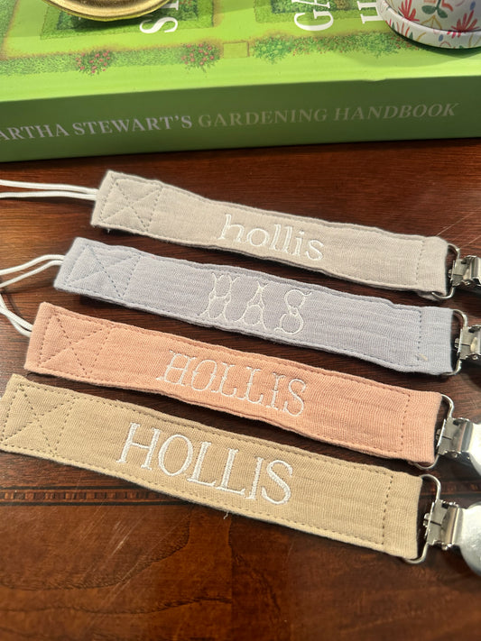 Custom Embroidered Blue Paci Clip Set