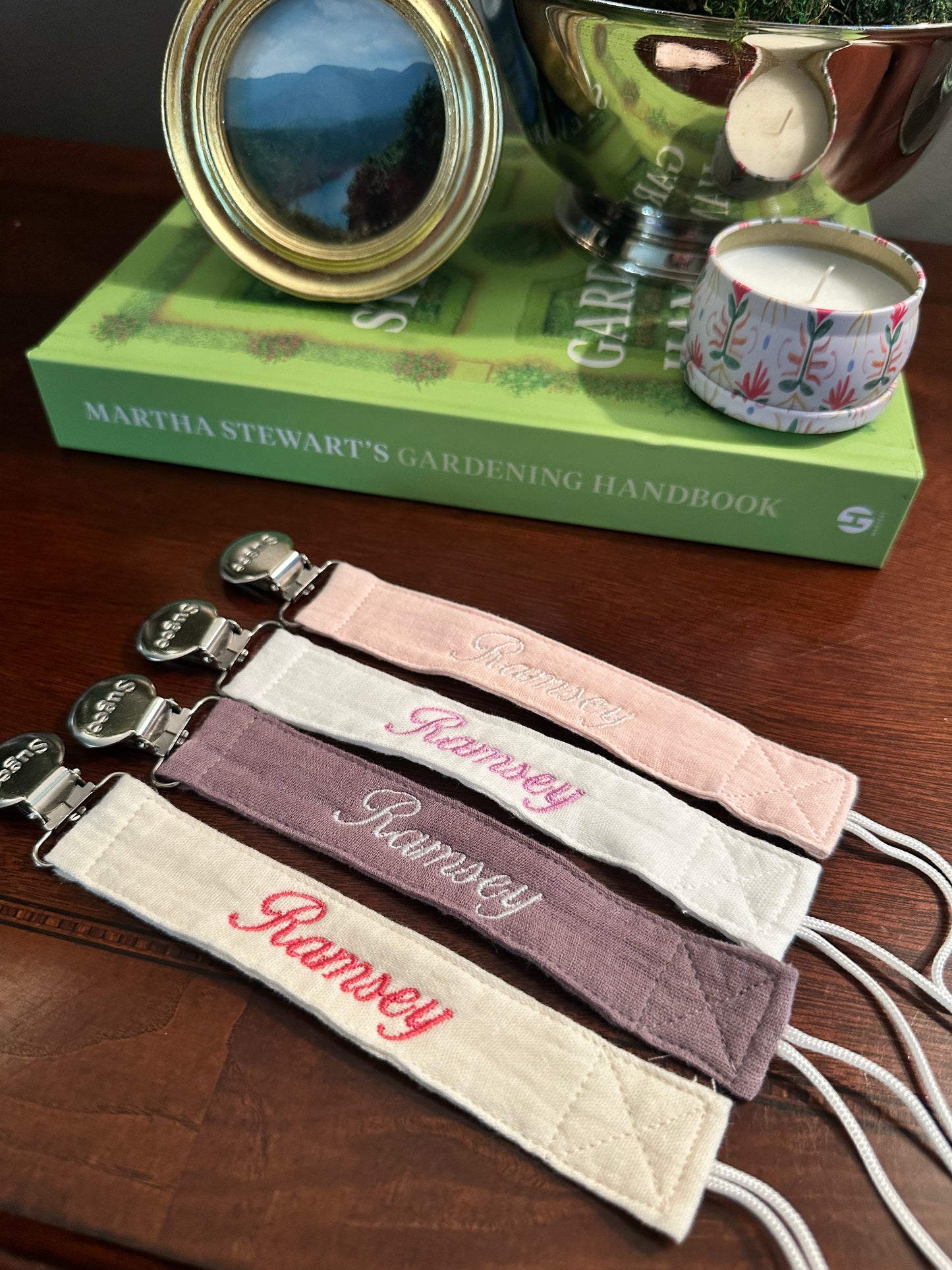 Custom Embroidered Pink Paci Clip Set