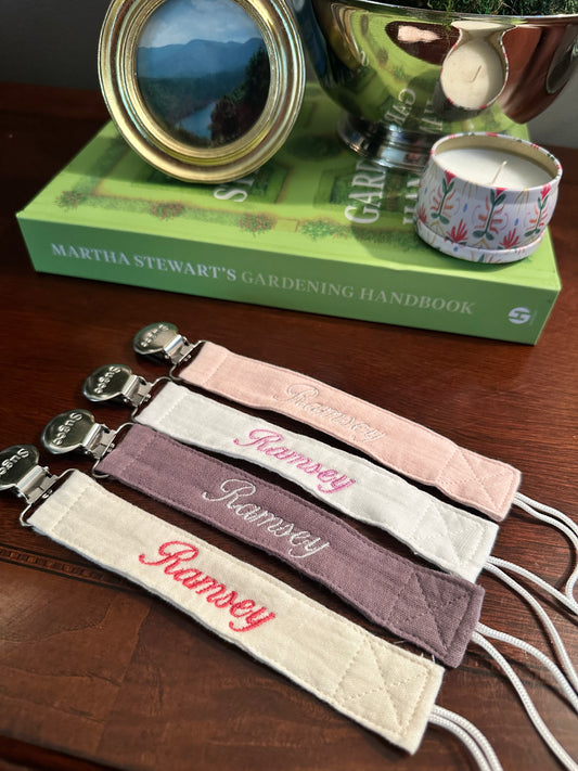 Custom Embroidered Pink Paci Clip Set