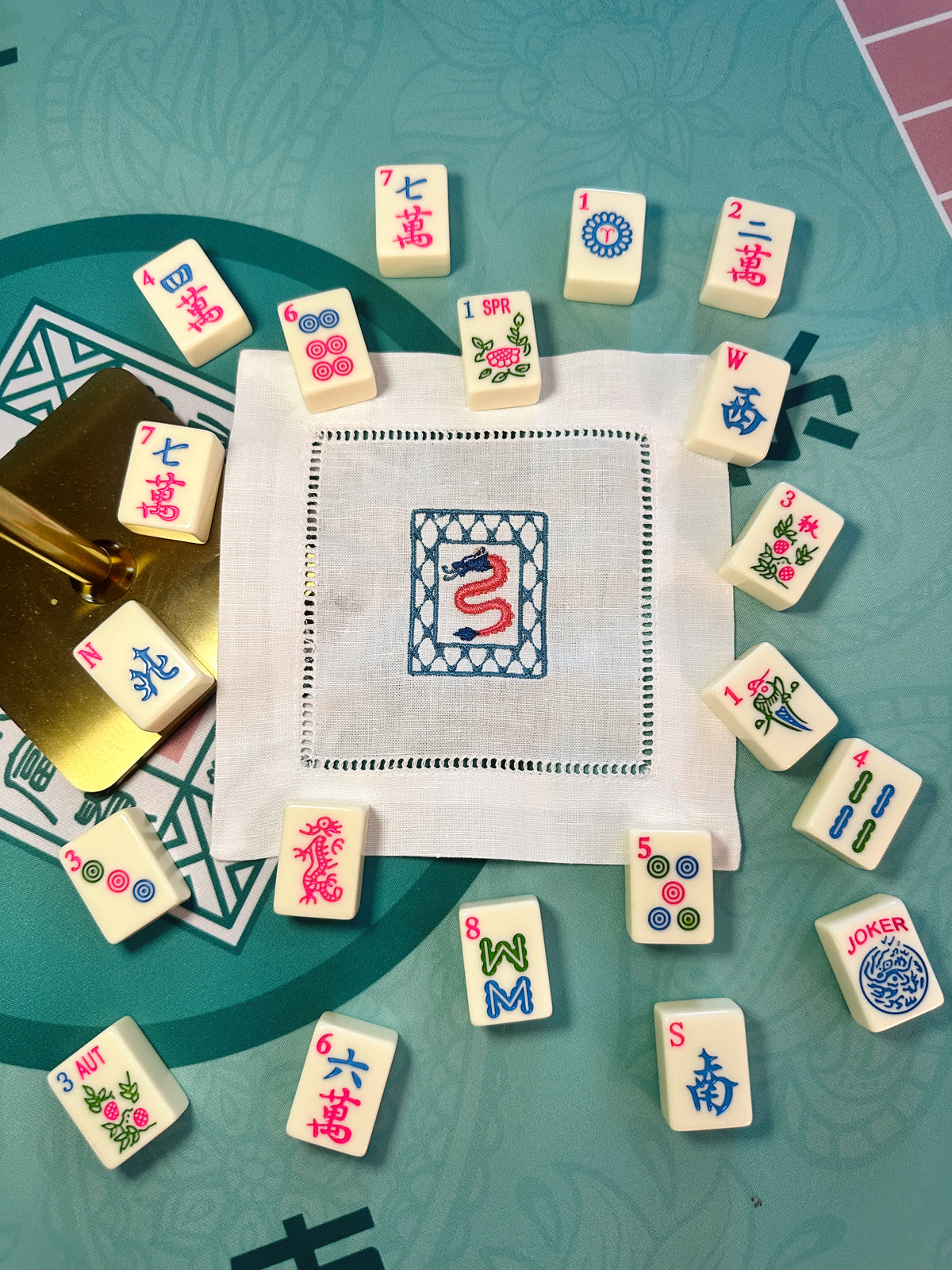 Custom Embroidered Mahjong Linen Cocktail Napkins