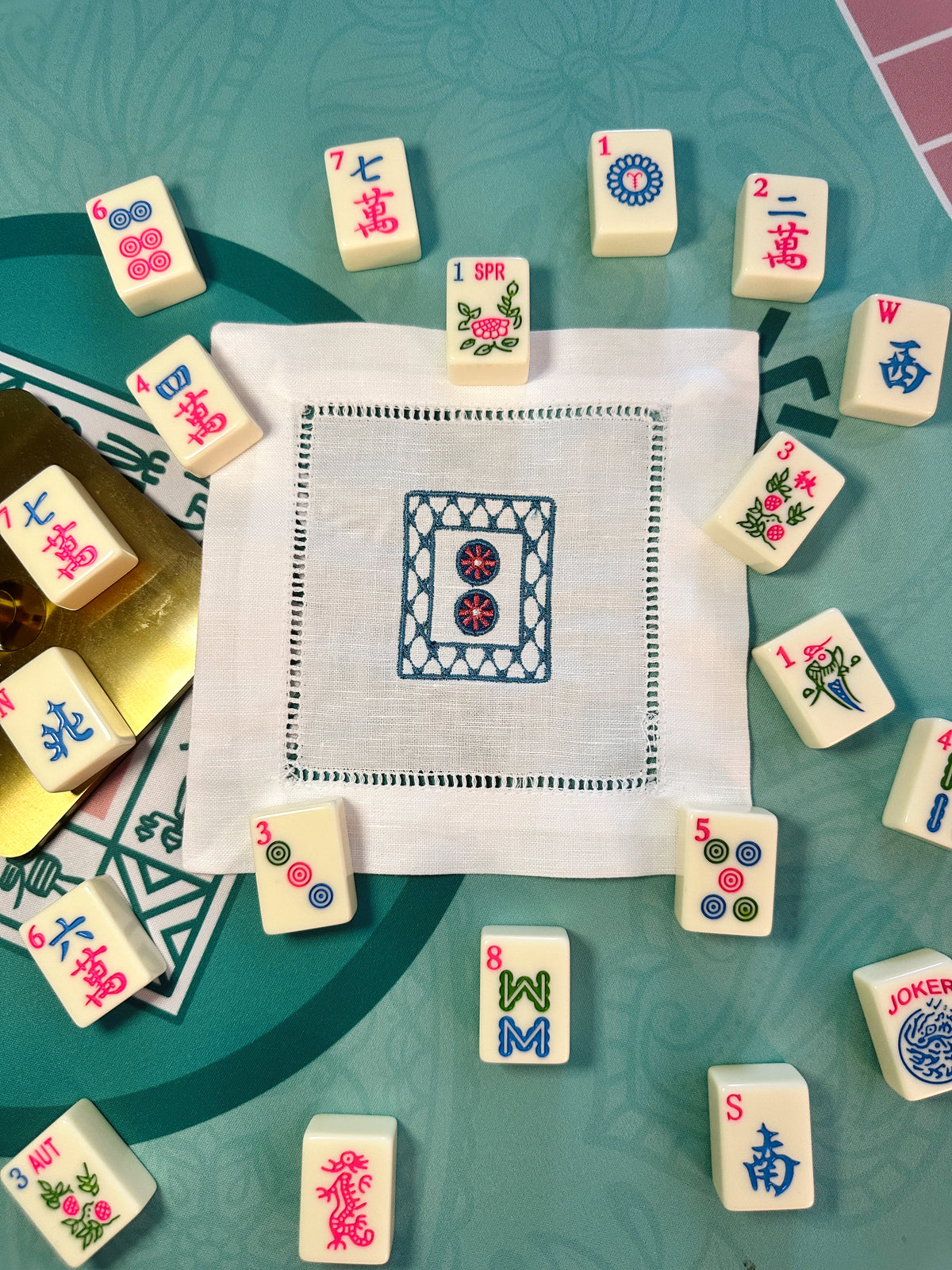 Custom Embroidered Mahjong Linen Cocktail Napkins