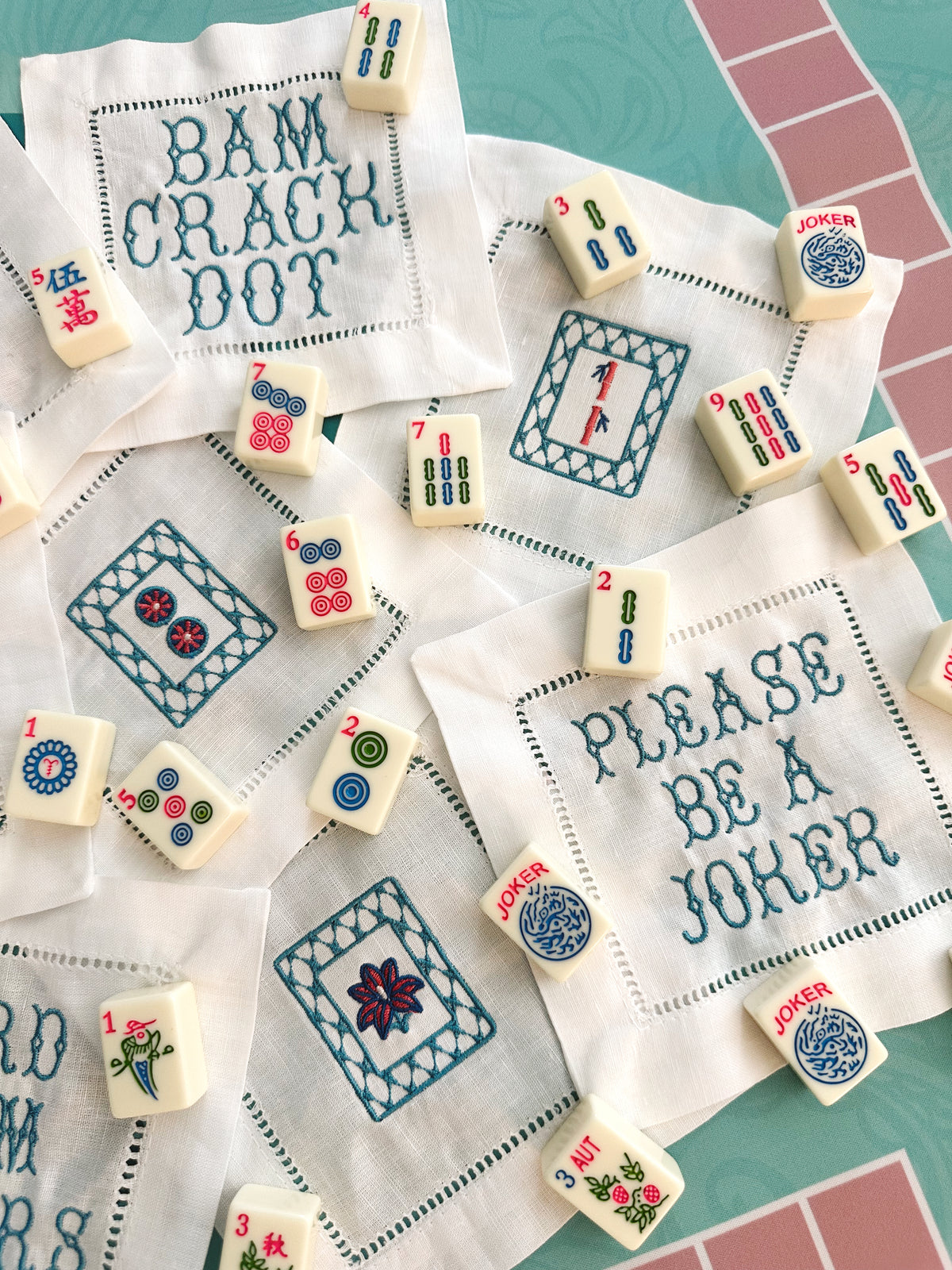 Custom Embroidered Mahjong Linen Cocktail Napkins