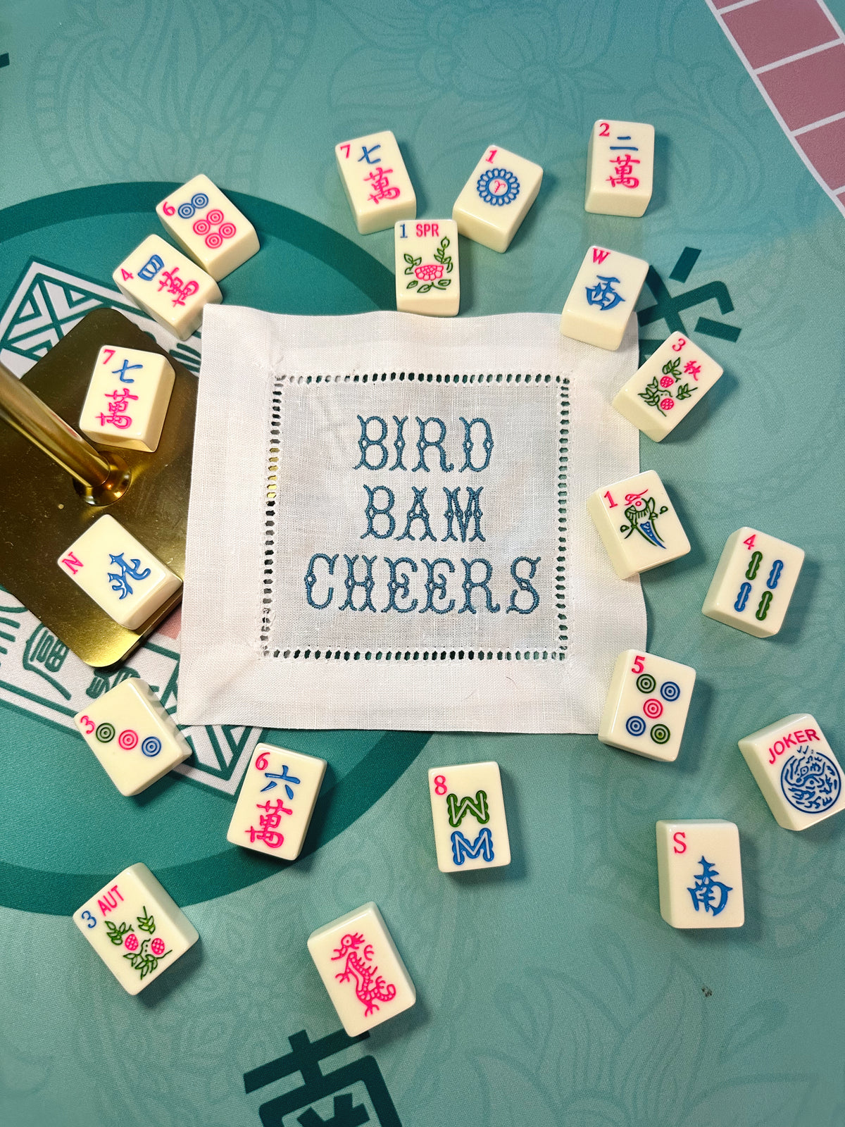 Custom Embroidered Mahjong Linen Cocktail Napkins