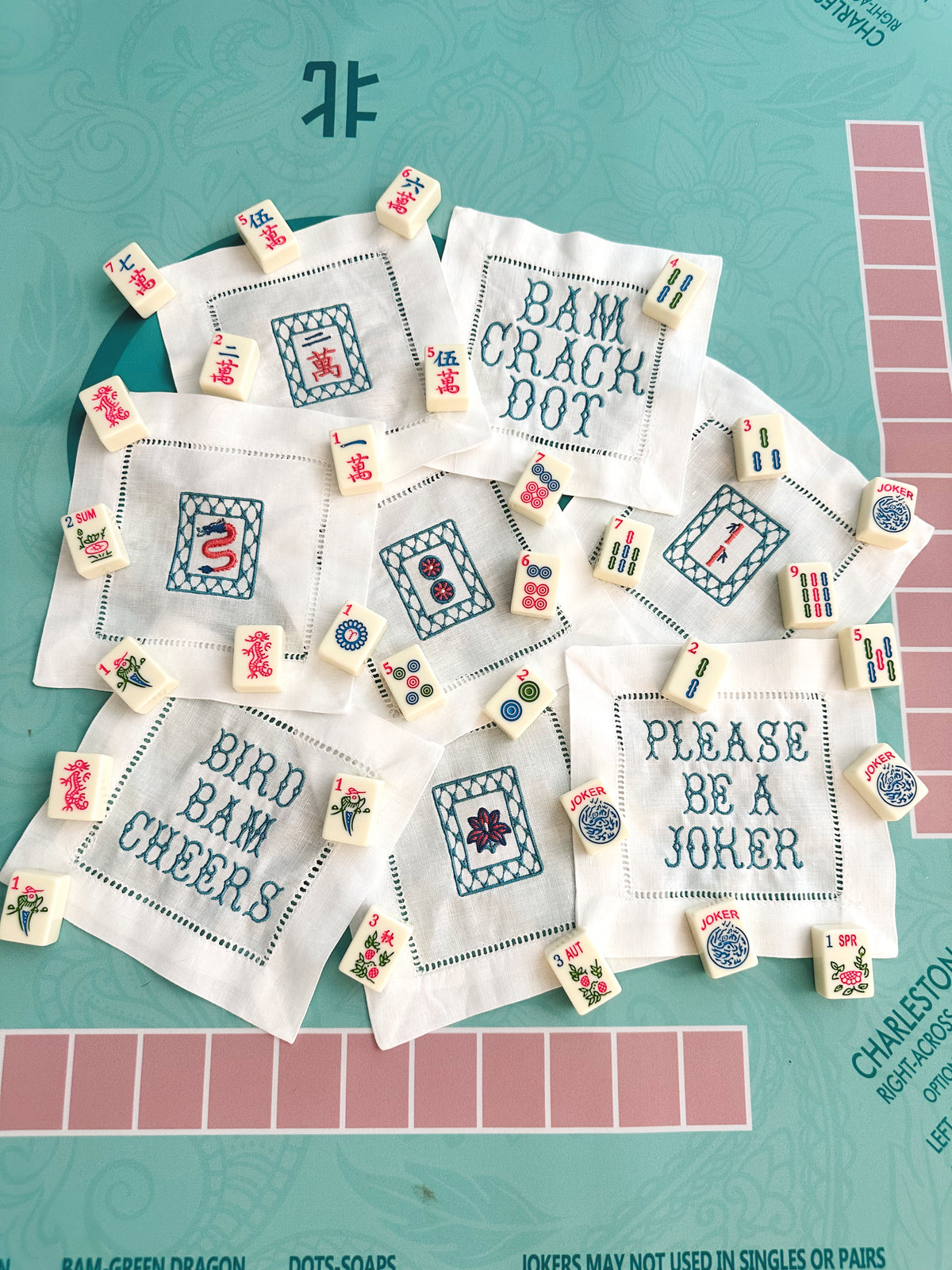 Custom Embroidered Mahjong Linen Cocktail Napkins