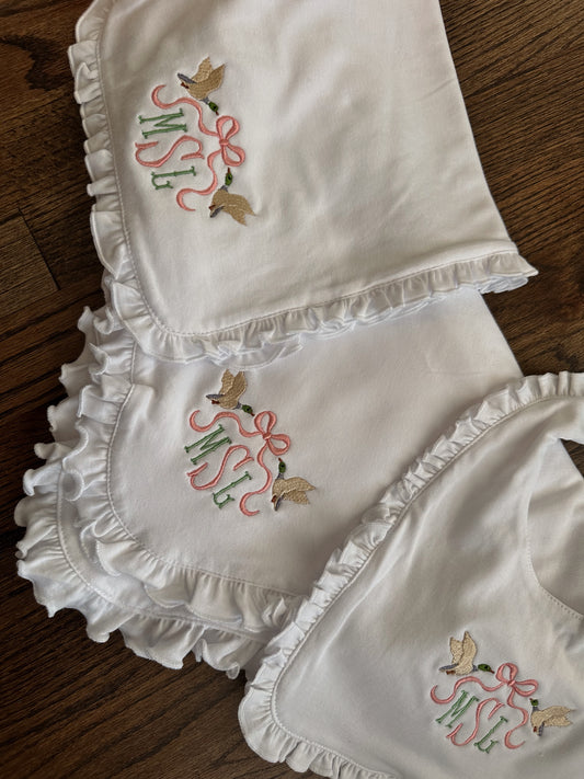 Customizable Embroidered Baby Bundle [Bib, Burp Cloth, Blanket]
