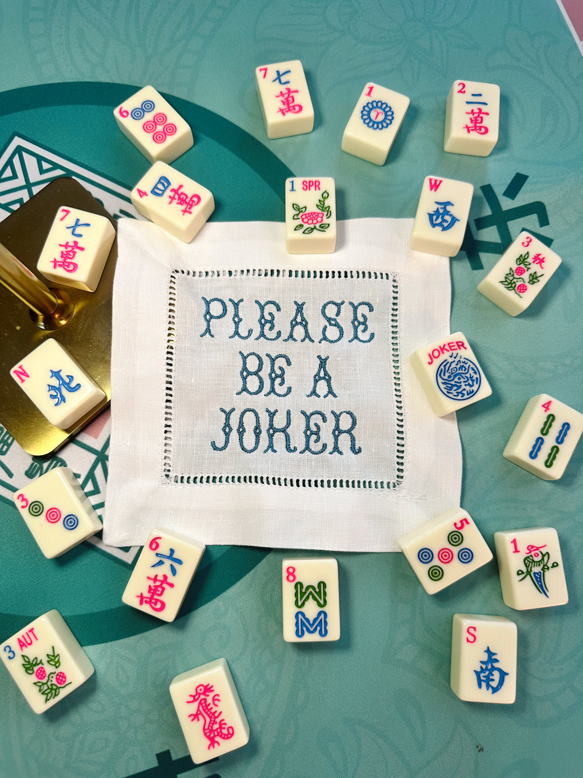 Custom Embroidered Mahjong Linen Cocktail Napkins