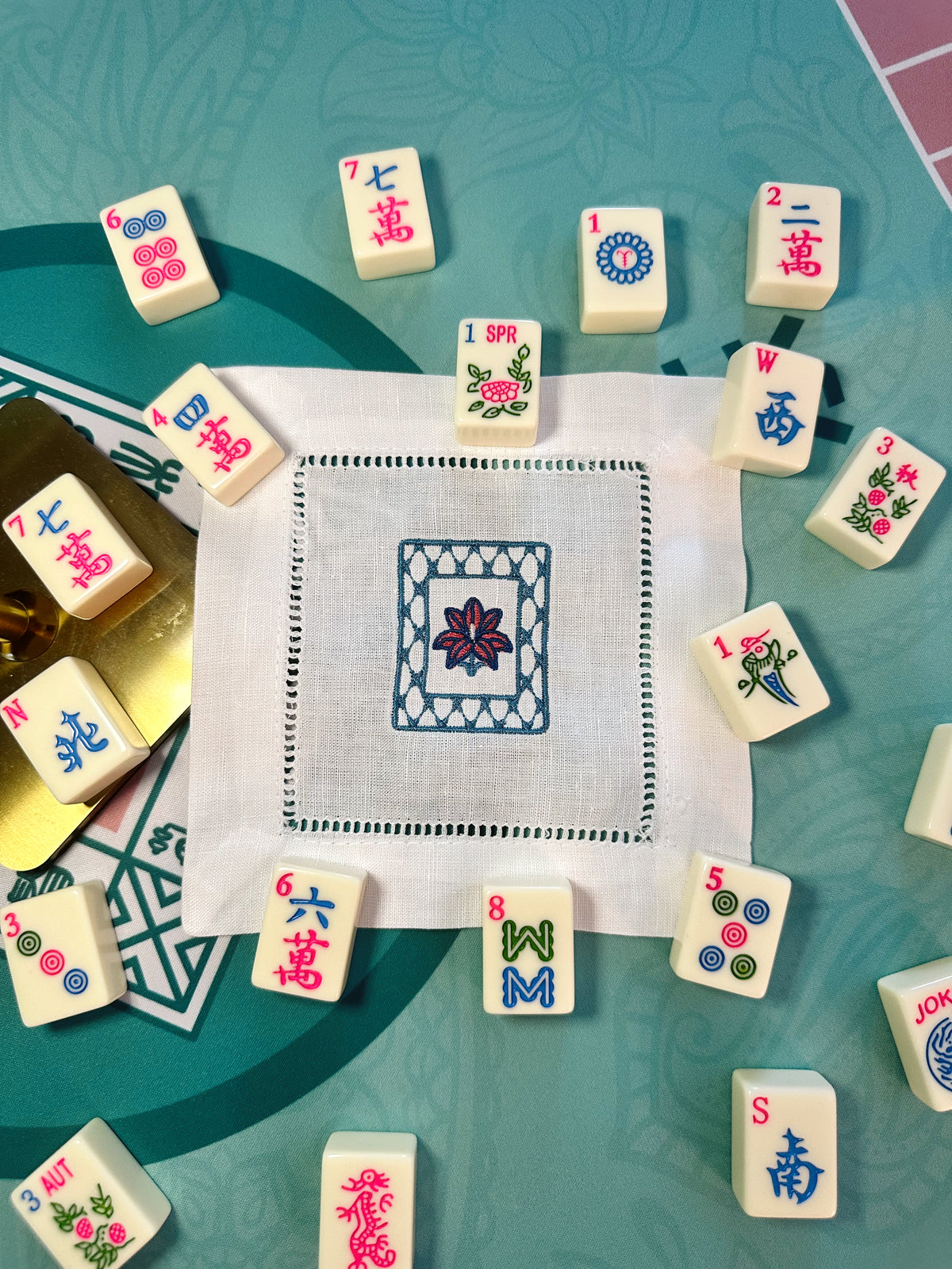Custom Embroidered Mahjong Linen Cocktail Napkins