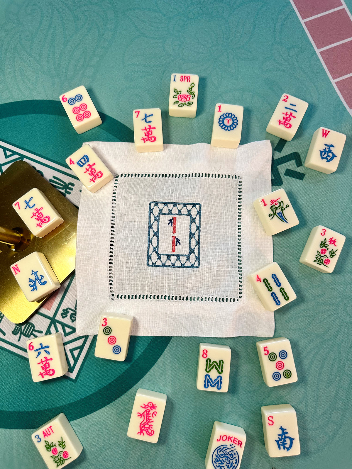 Custom Embroidered Mahjong Linen Cocktail Napkins