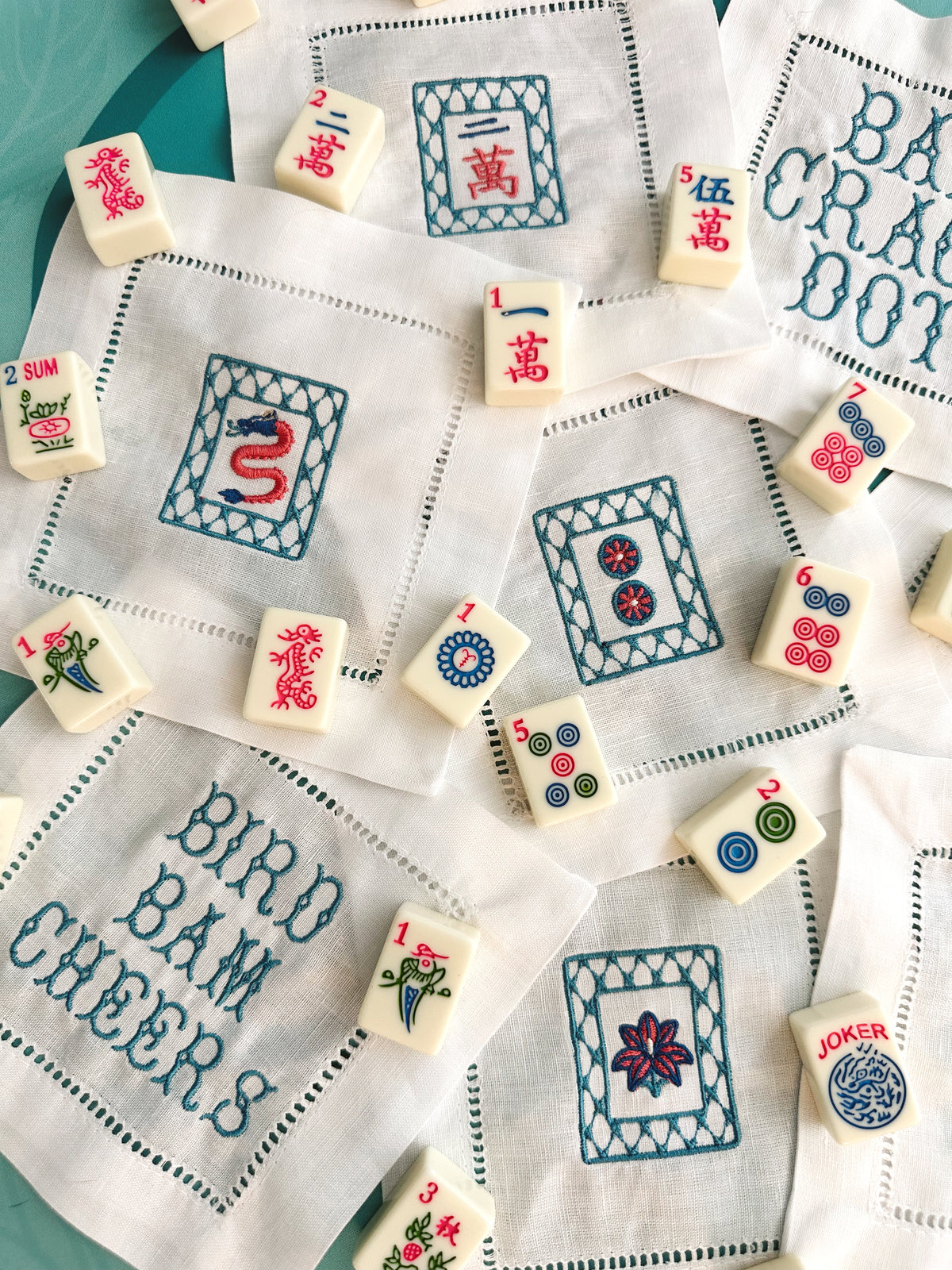 Custom Embroidered Mahjong Linen Cocktail Napkins