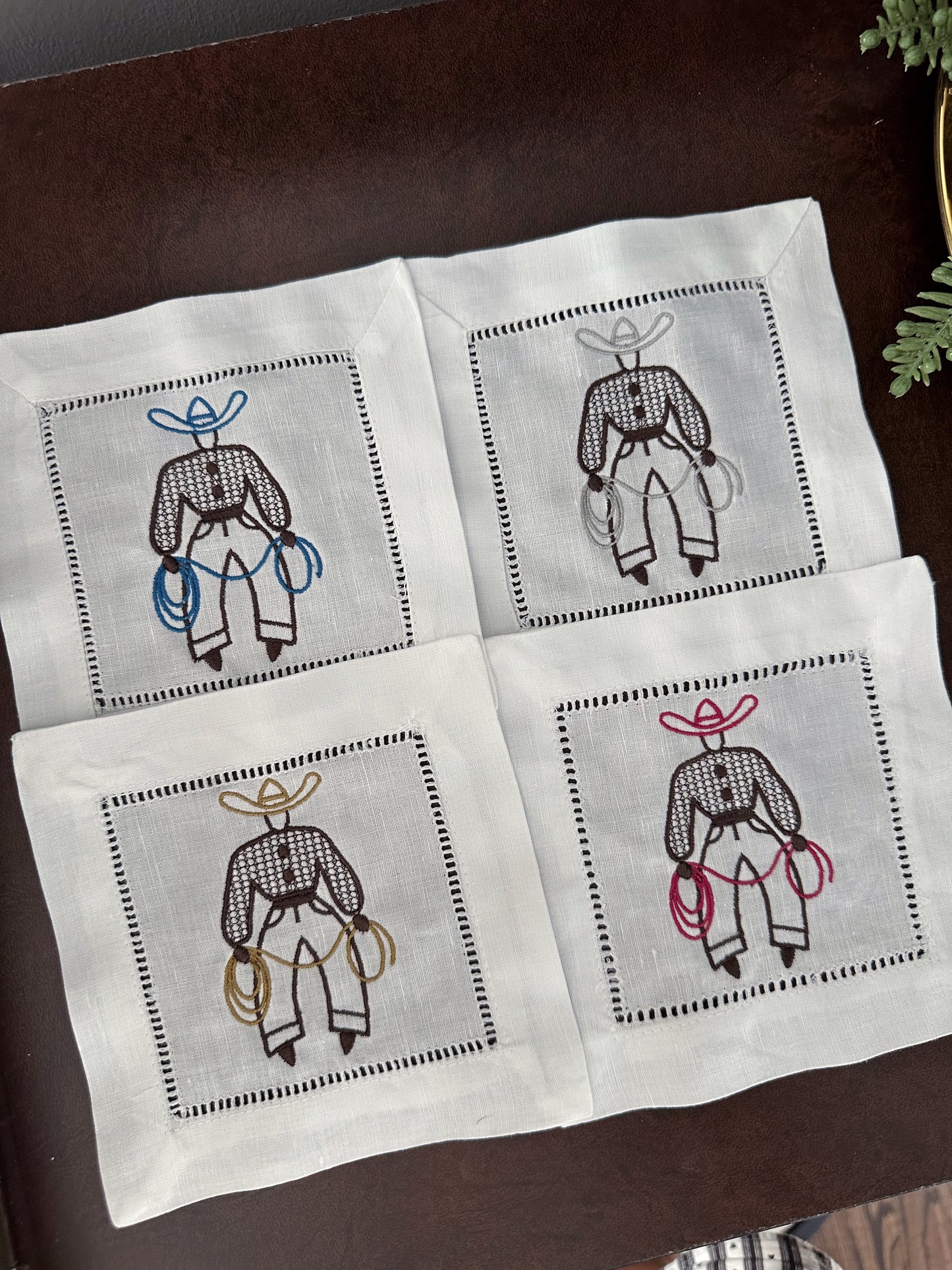 Embroidered Cowboy Linen Cocktail Napkins