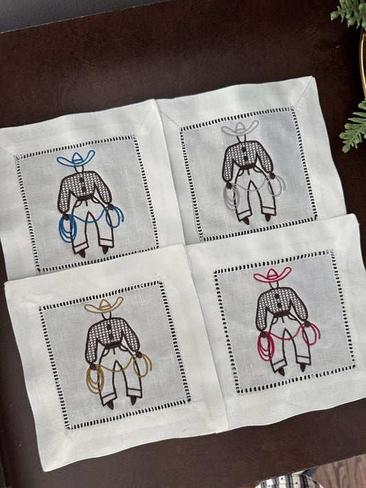 Embroidered Cowboy Linen Cocktail Napkins