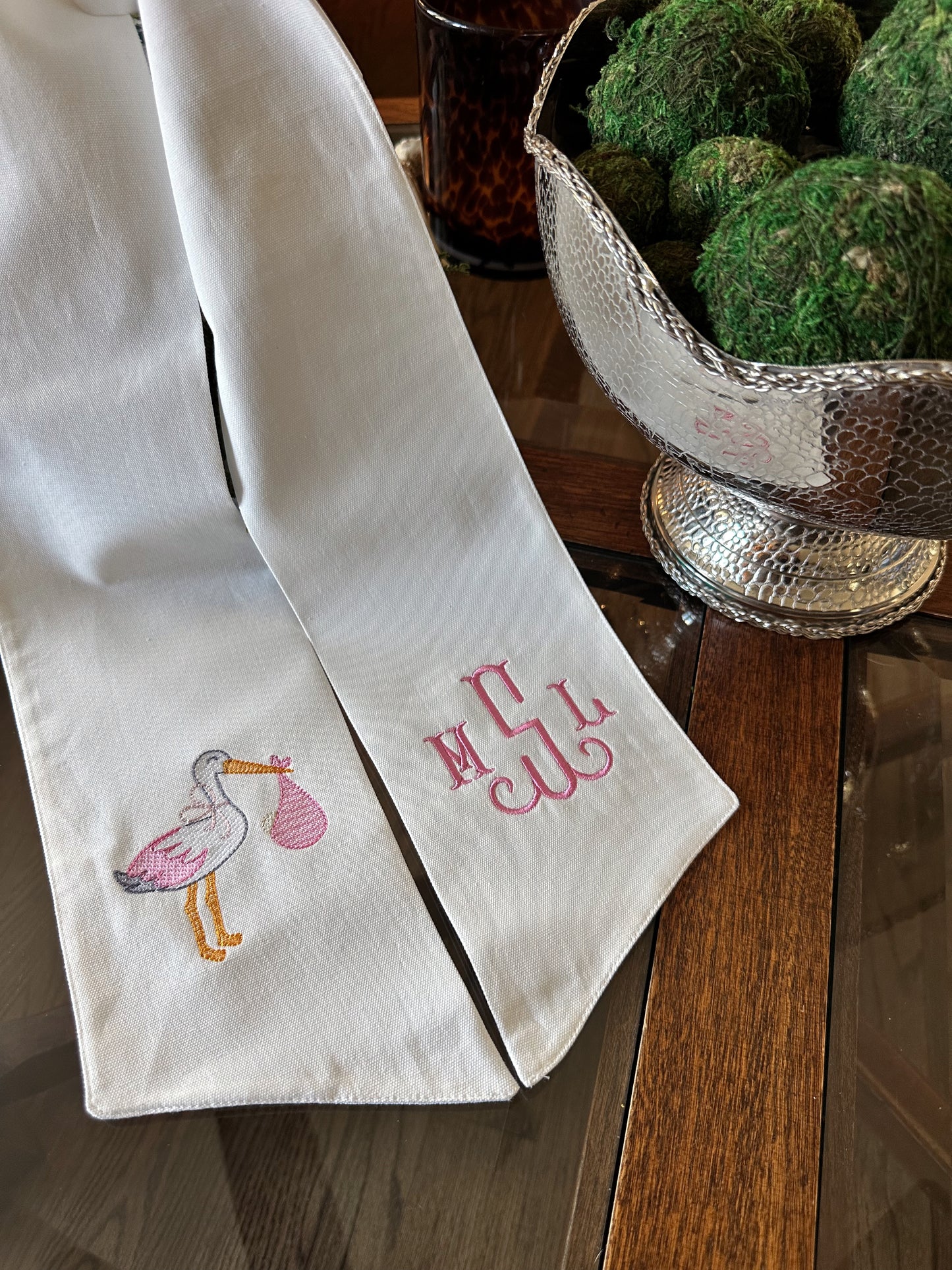 Baby Girl or Boy Stork Monogram Wreath Sash