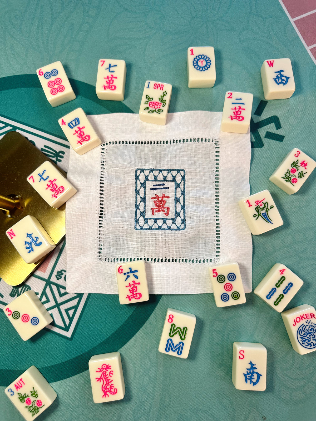 Custom Embroidered Mahjong Linen Cocktail Napkins
