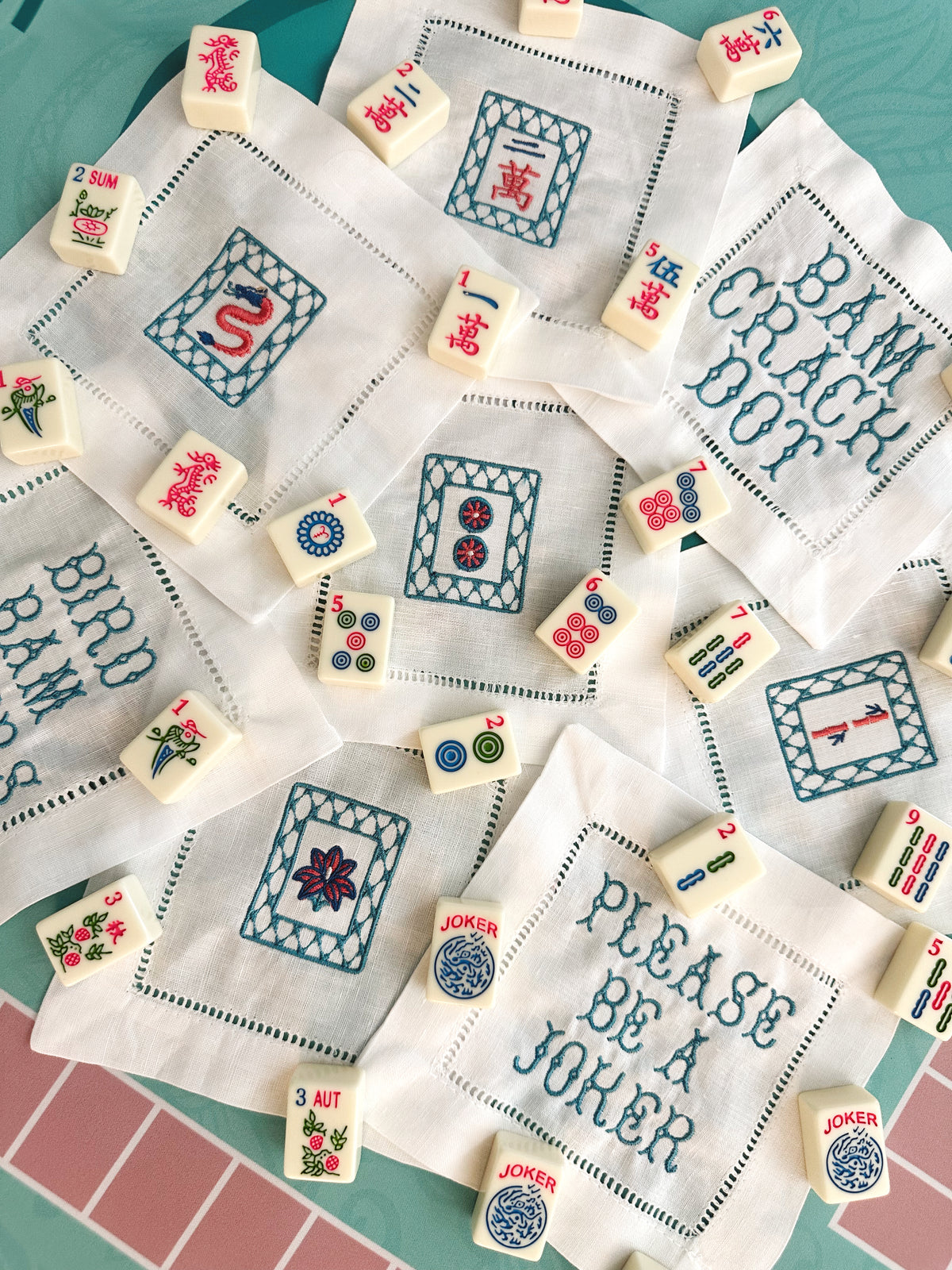 Custom Embroidered Mahjong Linen Cocktail Napkins